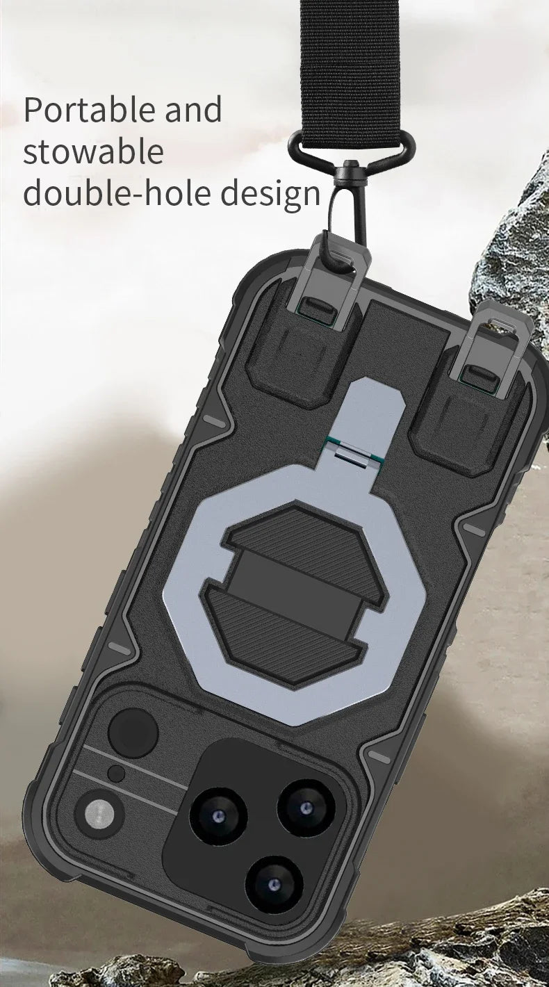 Heavy Duty Armor Magnetic Metal Bracket Phone Case for IPhone 17 Air 16 15 14 Plus 13 Pro Max Fall Prevention Lanyard Back Cover