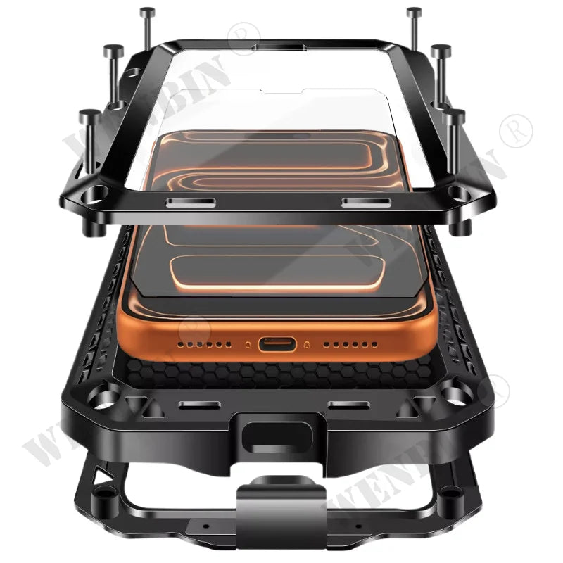 Luxury Heavy Duty Case For iPhone 17 16 15 Pro Max Plus Metal Heavy Duty 360 Full Body Shockproof Armour Protective Cover Fundas