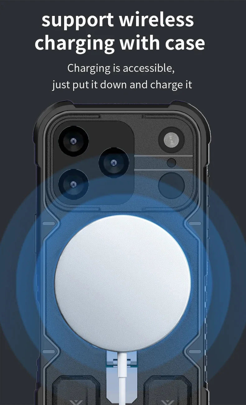 Heavy Duty Armor Magnetic Metal Bracket Phone Case for IPhone 17 Air 16 15 14 Plus 13 Pro Max Fall Prevention Lanyard Back Cover