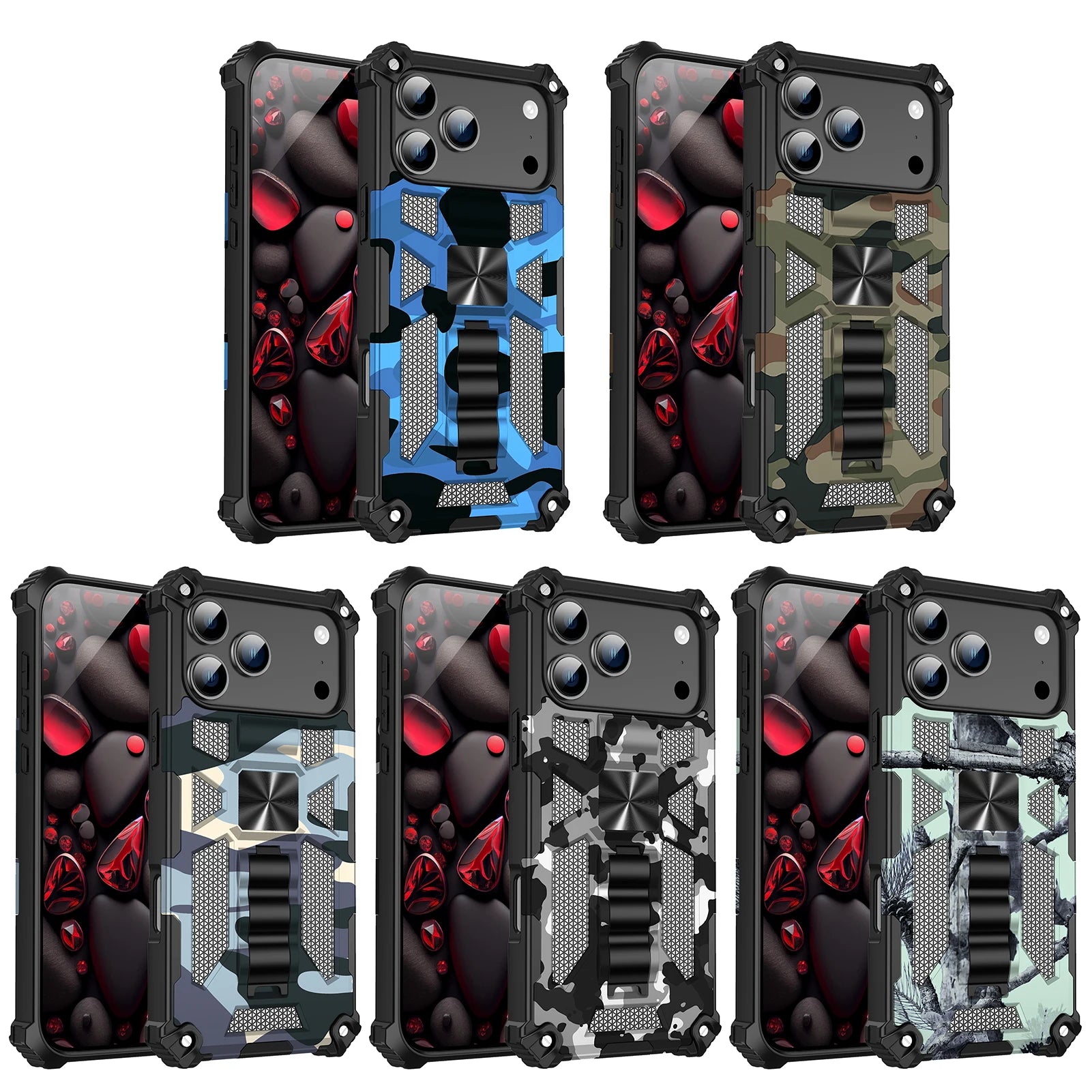 Military Camouflage Armor TPU Case For iPhone 17 Pro Max/17 Pro/Air 16 15 14 13 12 11 16E Built-in Kickstand Magnetic Cover