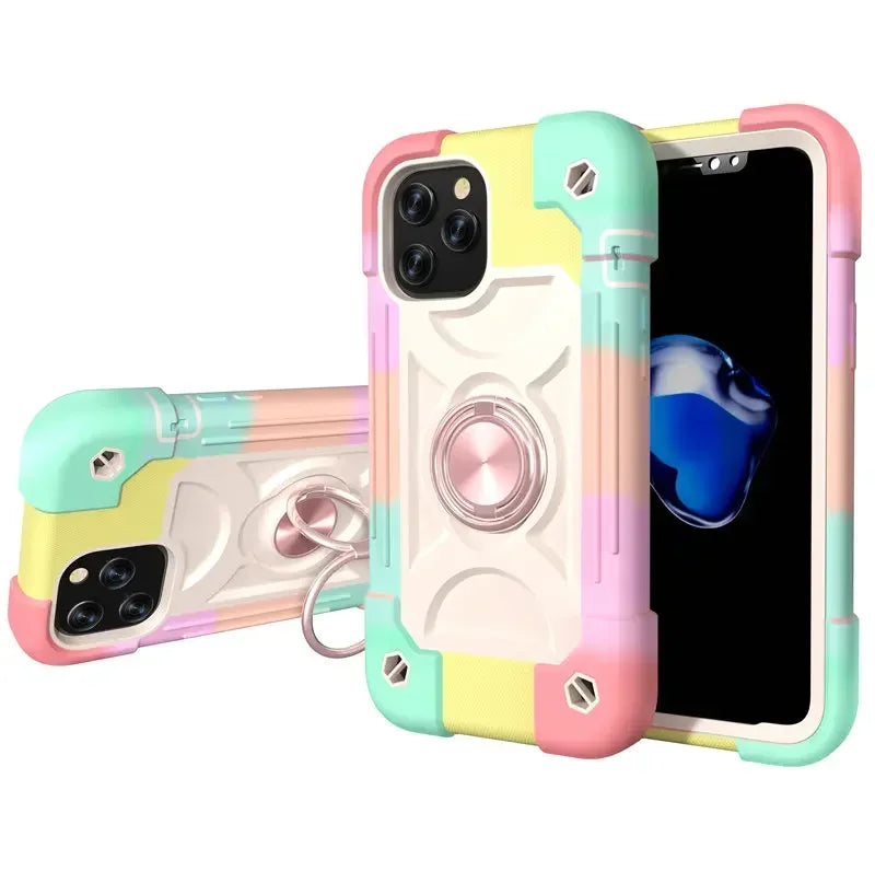 Armor Bumper Shockproof Phone Case For iPhone 11 12 13 14 15 16 17 Pro Max XR 7 8 Plus Colorful Rugged Ring Holder Hard PC Cover