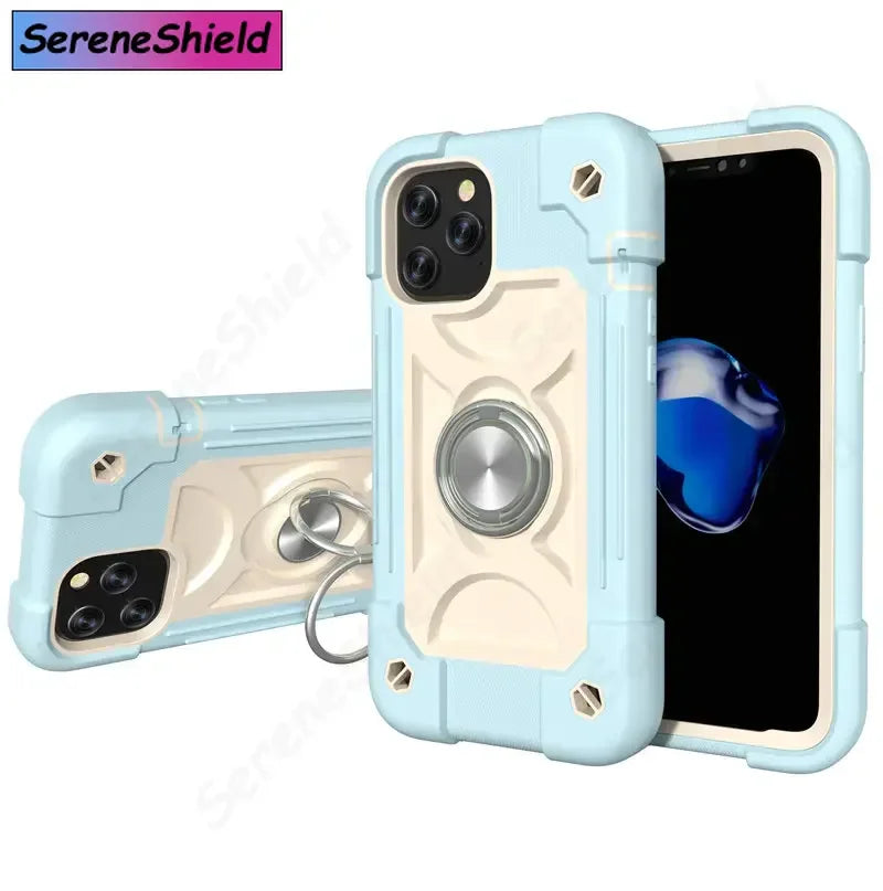 Armor Bumper Shockproof Phone Case For iPhone 11 12 13 14 15 16 17 Pro Max XR 7 8 Plus Colorful Rugged Ring Holder Hard PC Cover
