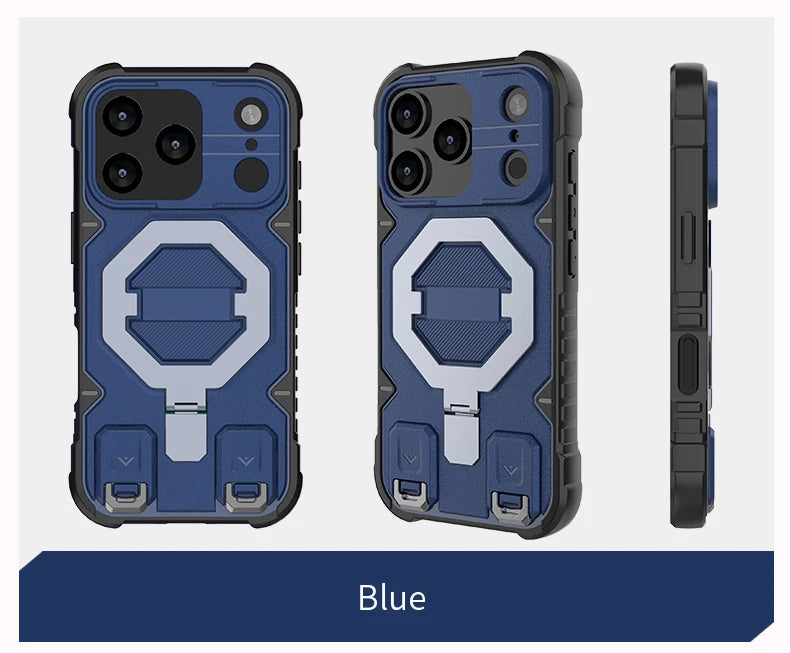 Heavy Duty Armor Magnetic Metal Bracket Phone Case for IPhone 17 Air 16 15 14 Plus 13 Pro Max Fall Prevention Lanyard Back Cover