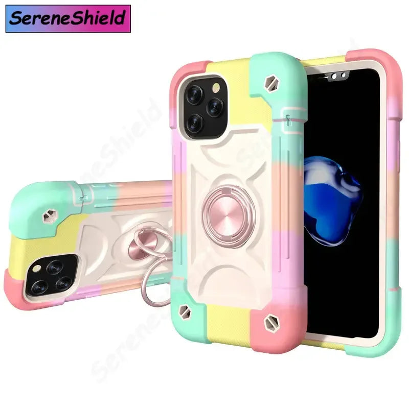 Armor Bumper Shockproof Phone Case For iPhone 11 12 13 14 15 16 17 Pro Max XR 7 8 Plus Colorful Rugged Ring Holder Hard PC Cover