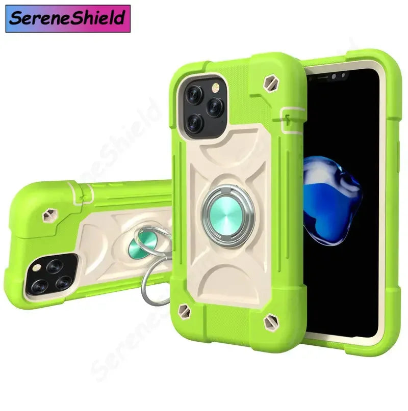 Armor Bumper Shockproof Phone Case For iPhone 11 12 13 14 15 16 17 Pro Max XR 7 8 Plus Colorful Rugged Ring Holder Hard PC Cover