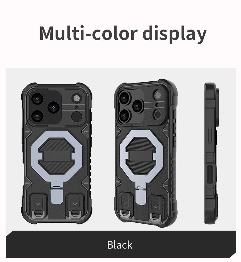 Heavy Duty Armor Magnetic Metal Bracket Phone Case for IPhone 17 Air 16 15 14 Plus 13 Pro Max Fall Prevention Lanyard Back Cover