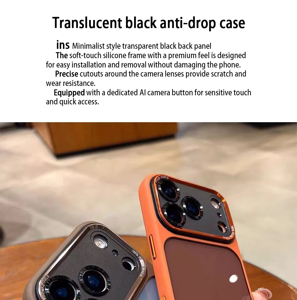 Lenovo Luxury Orange Shield Matte Transparent Phone Case For iPhone 16 17 Pro Max New Metal Buttons Skin Feel Shockproof Cover