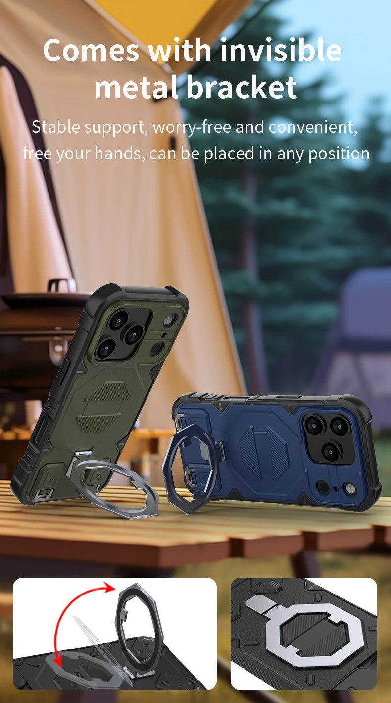 Heavy Duty Armor Magnetic Metal Bracket Phone Case for IPhone 17 Air 16 15 14 Plus 13 Pro Max Fall Prevention Lanyard Back Cover