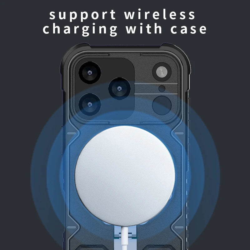 Heavy Duty Armor Magnetic Metal Bracket Phone Case for IPhone 17 Air 16 15 14 Plus 13 Pro Max Fall Prevention Lanyard Back Cover