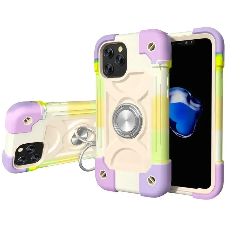 Armor Bumper Shockproof Phone Case For iPhone 11 12 13 14 15 16 17 Pro Max XR 7 8 Plus Colorful Rugged Ring Holder Hard PC Cover