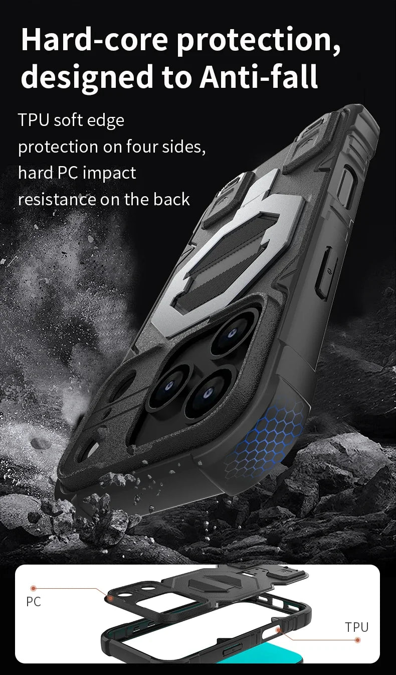 Heavy Duty Armor Magnetic Metal Bracket Phone Case for IPhone 17 Air 16 15 14 Plus 13 Pro Max Fall Prevention Lanyard Back Cover