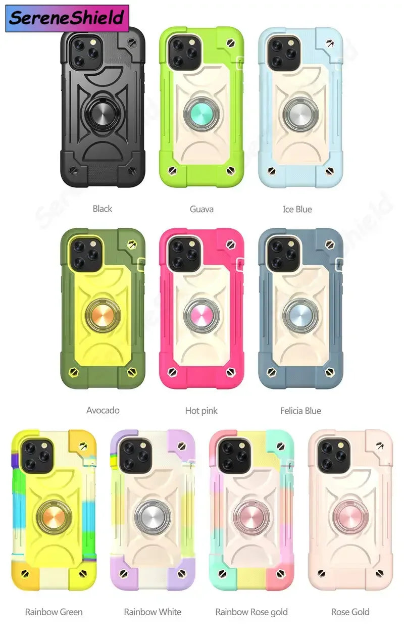 Armor Bumper Shockproof Phone Case For iPhone 11 12 13 14 15 16 17 Pro Max XR 7 8 Plus Colorful Rugged Ring Holder Hard PC Cover