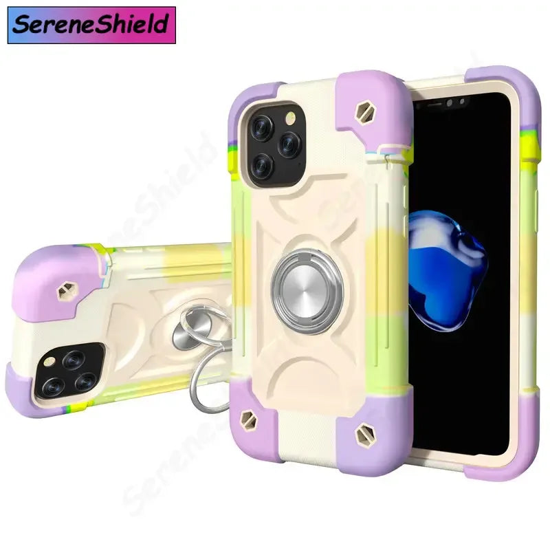 Armor Bumper Shockproof Phone Case For iPhone 11 12 13 14 15 16 17 Pro Max XR 7 8 Plus Colorful Rugged Ring Holder Hard PC Cover