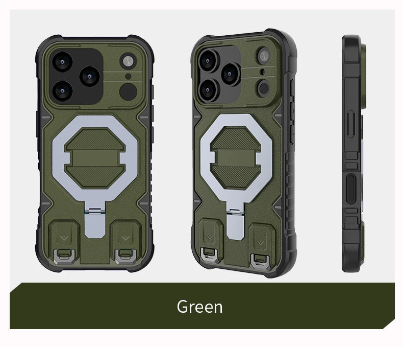 Heavy Duty Armor Magnetic Metal Bracket Phone Case for IPhone 17 Air 16 15 14 Plus 13 Pro Max Fall Prevention Lanyard Back Cover